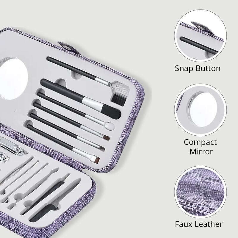 18 Pc Grooming and Cosmetic Makeup Kit in Snake Pattern Faux Leather Snap Case