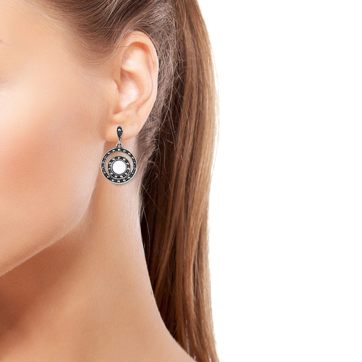 White Mother of Pearl and Swiss Marcasite Earrings in Black Oxidized Stainless Steel 11.50 ctw image number 1