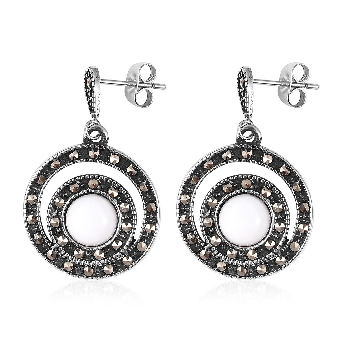White Mother of Pearl and Swiss Marcasite Earrings in Black Oxidized Stainless Steel 11.50 ctw image number 2