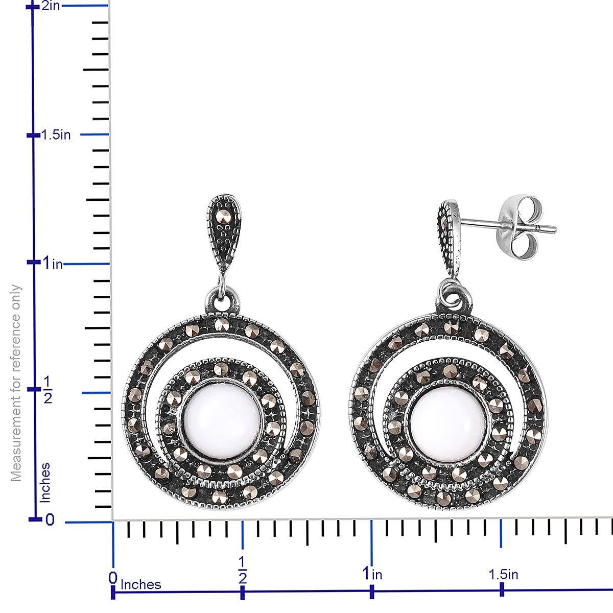 White Mother of Pearl and Swiss Marcasite Earrings in Black Oxidized Stainless Steel 11.50 ctw image number 3