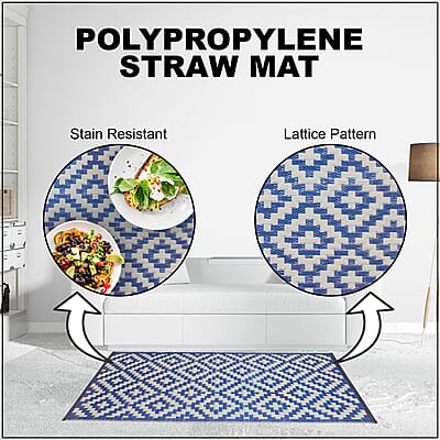 Navy, White Polypropylene Lattice Pattern Straw Mat, Plastic Straw Outdoor Rugs, Waterproof Portable Mat, Floor Mat