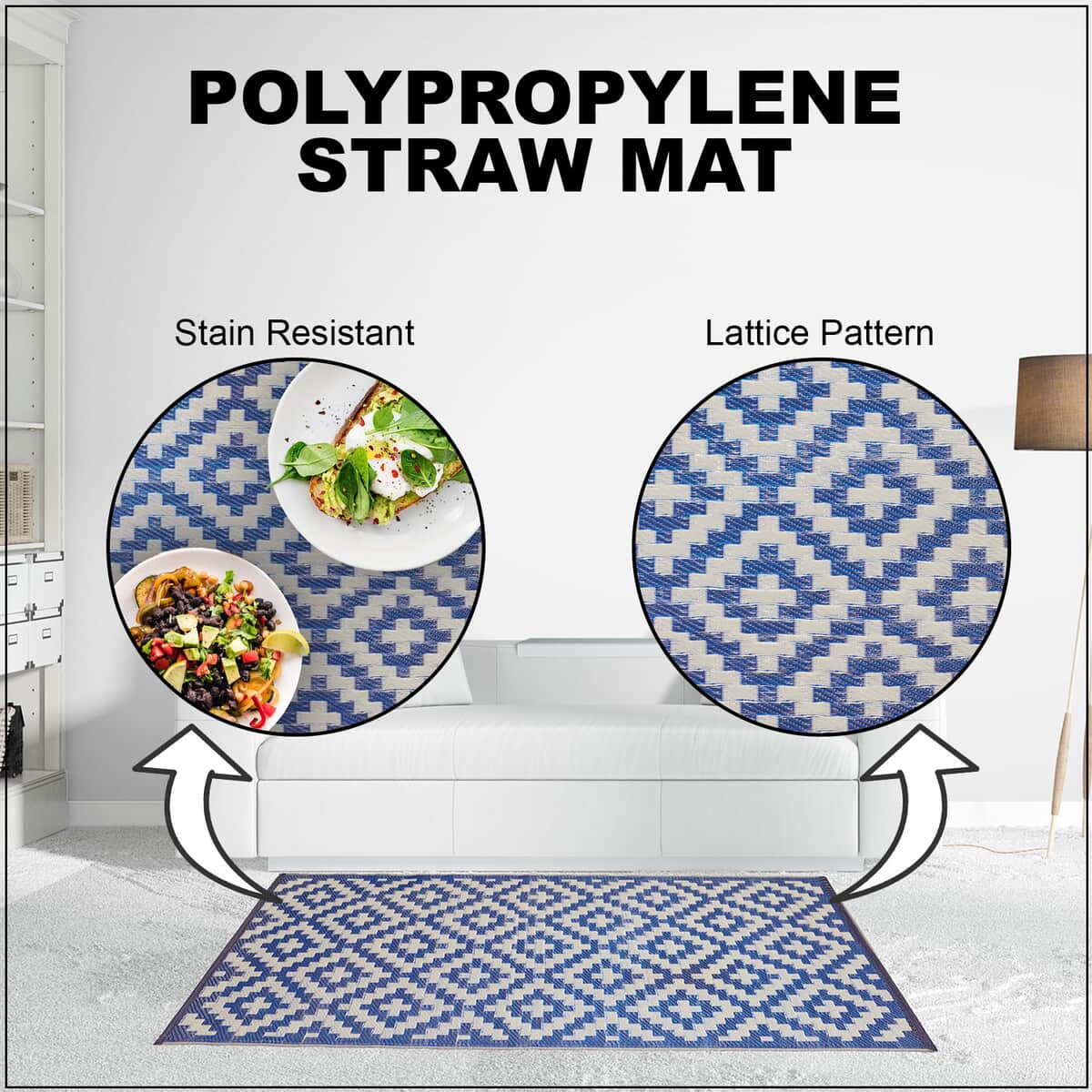 Navy, White Polypropylene Lattice Pattern Straw Mat, Plastic Straw Outdoor Rugs, Waterproof Portable Mat, Floor Mat image number 1