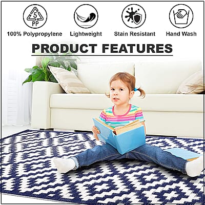 Navy, White Polypropylene Lattice Pattern Straw Mat, Plastic Straw Outdoor Rugs, Waterproof Portable Mat, Floor Mat