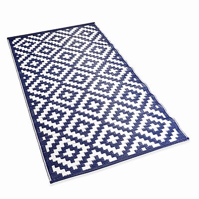Navy, White Polypropylene Lattice Pattern Straw Mat, Plastic Straw Outdoor Rugs, Waterproof Portable Mat, Floor Mat