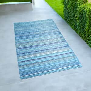 Aqua Polypropylene Striped Straw Mat, Plastic Straw Outdoor Rugs, Waterproof Portable Mat, Floor Mat