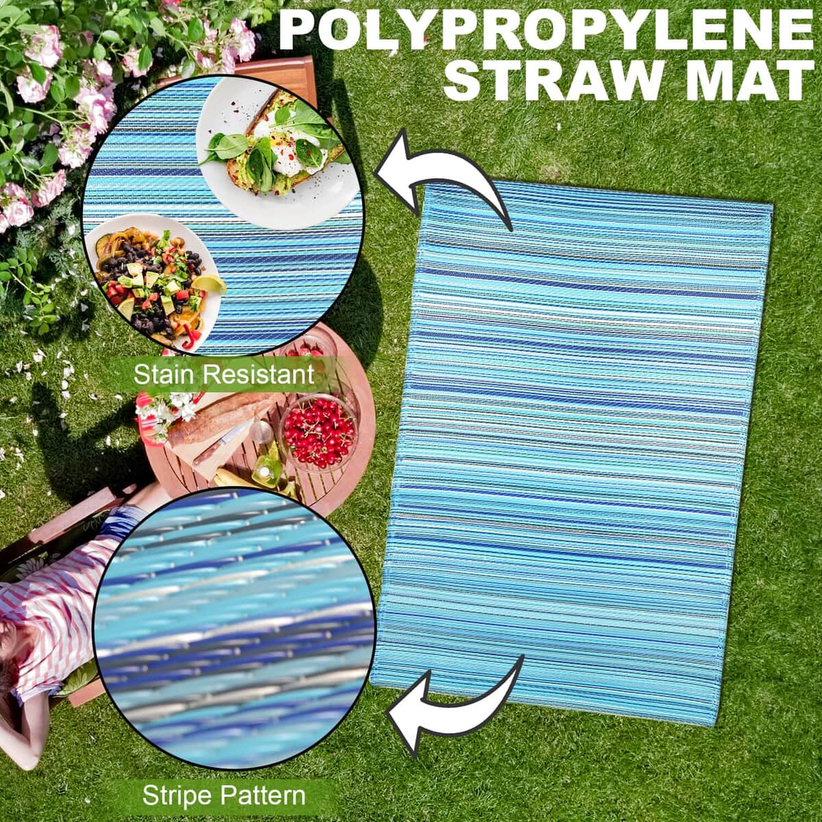 Aqua Polypropylene Striped Straw Mat, Plastic Straw Outdoor Rugs, Waterproof Portable Mat, Floor Mat image number 1