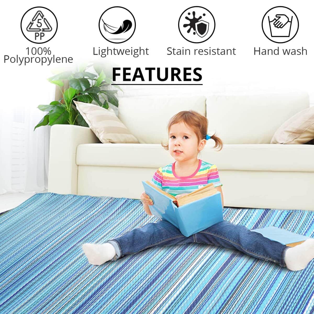 Aqua Polypropylene Striped Straw Mat, Plastic Straw Outdoor Rugs, Waterproof Portable Mat, Floor Mat image number 2