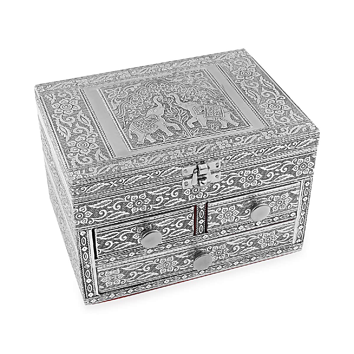 Oxidized Aluminum Elephant Embossed Grand 3 Drawer Jewelry Box (8"x6"x5") image number 0