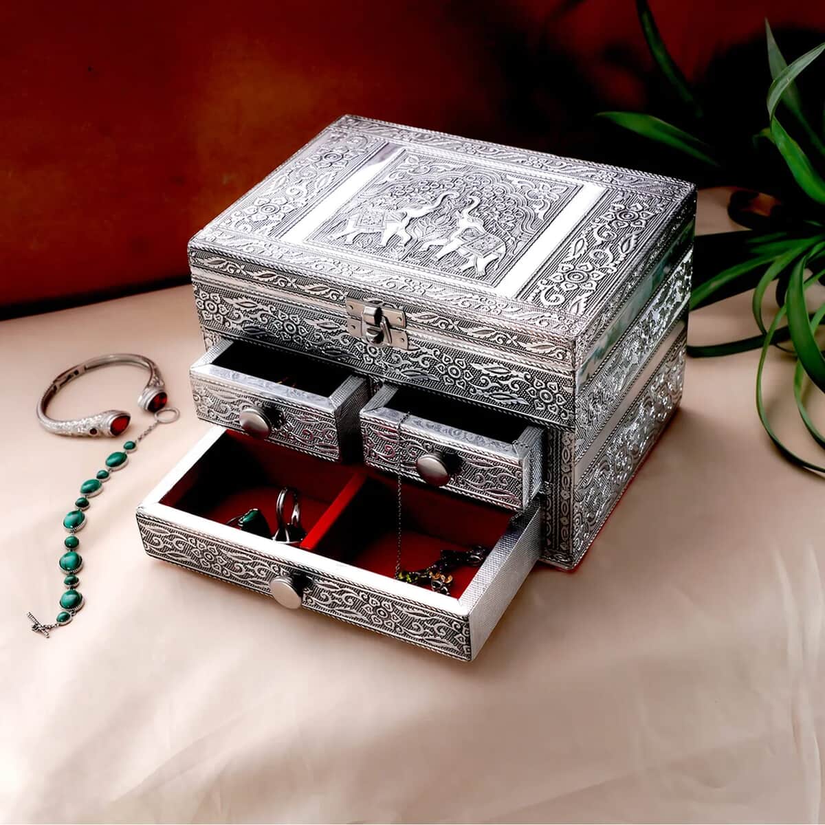 Oxidized Aluminum Elephant Embossed Grand 3 Drawer Jewelry Box (8"x6"x5") image number 1