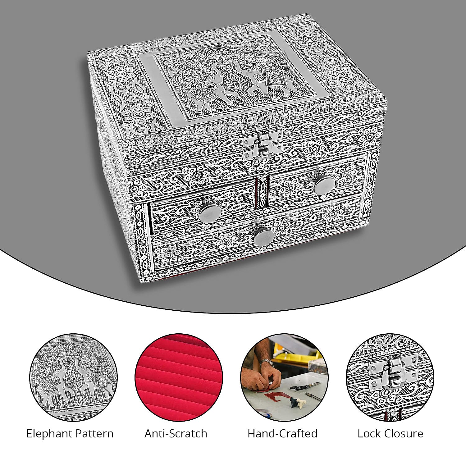 Oxidized Aluminum Elephant Embossed Grand 3 Drawer Jewelry Box, Jewelry Storage Box for Women, Travel Jewelry Case, Jewelry Organizer