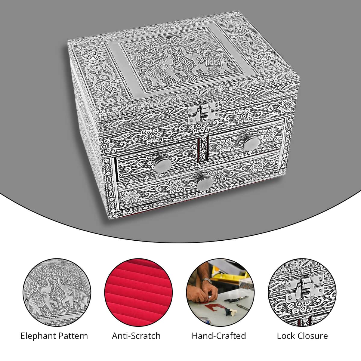 Oxidized Aluminum Elephant Embossed Grand 3 Drawer Jewelry Box (8"x6"x5") image number 2