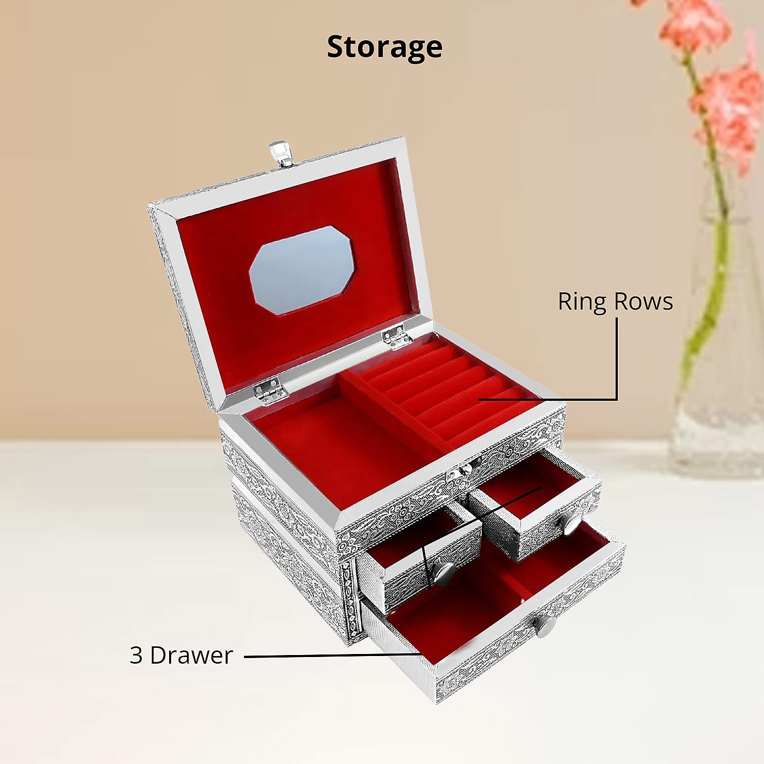 Oxidized Aluminum Elephant Embossed Grand 3 Drawer Jewelry Box, Jewelry Storage Box for Women, Travel Jewelry Case, Jewelry Organizer