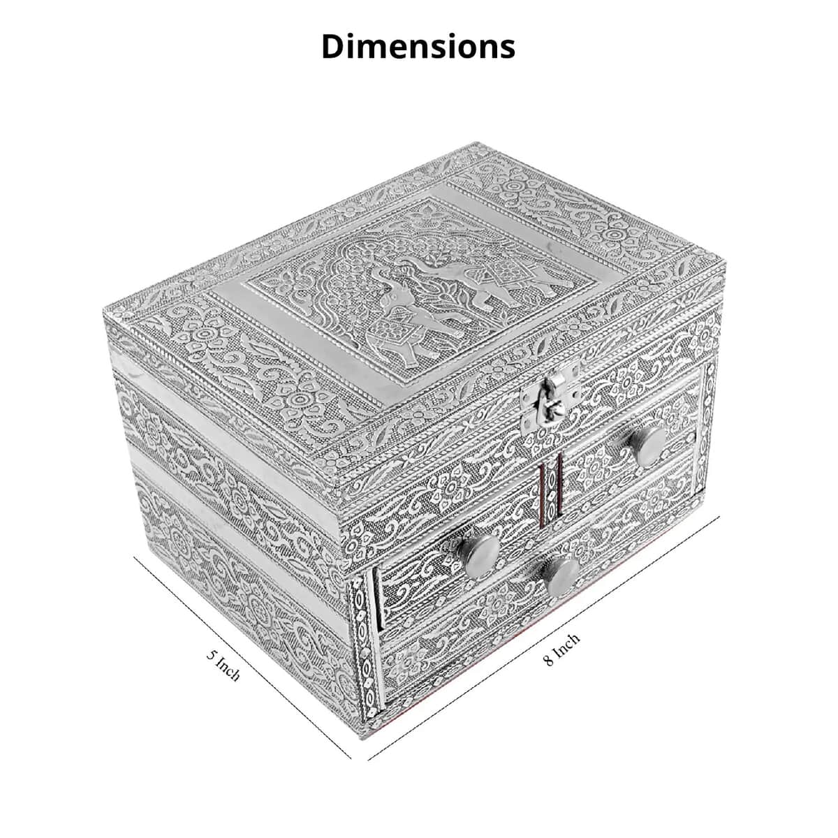 Oxidized Aluminum Elephant Embossed Grand 3 Drawer Jewelry Box (8"x6"x5") image number 4