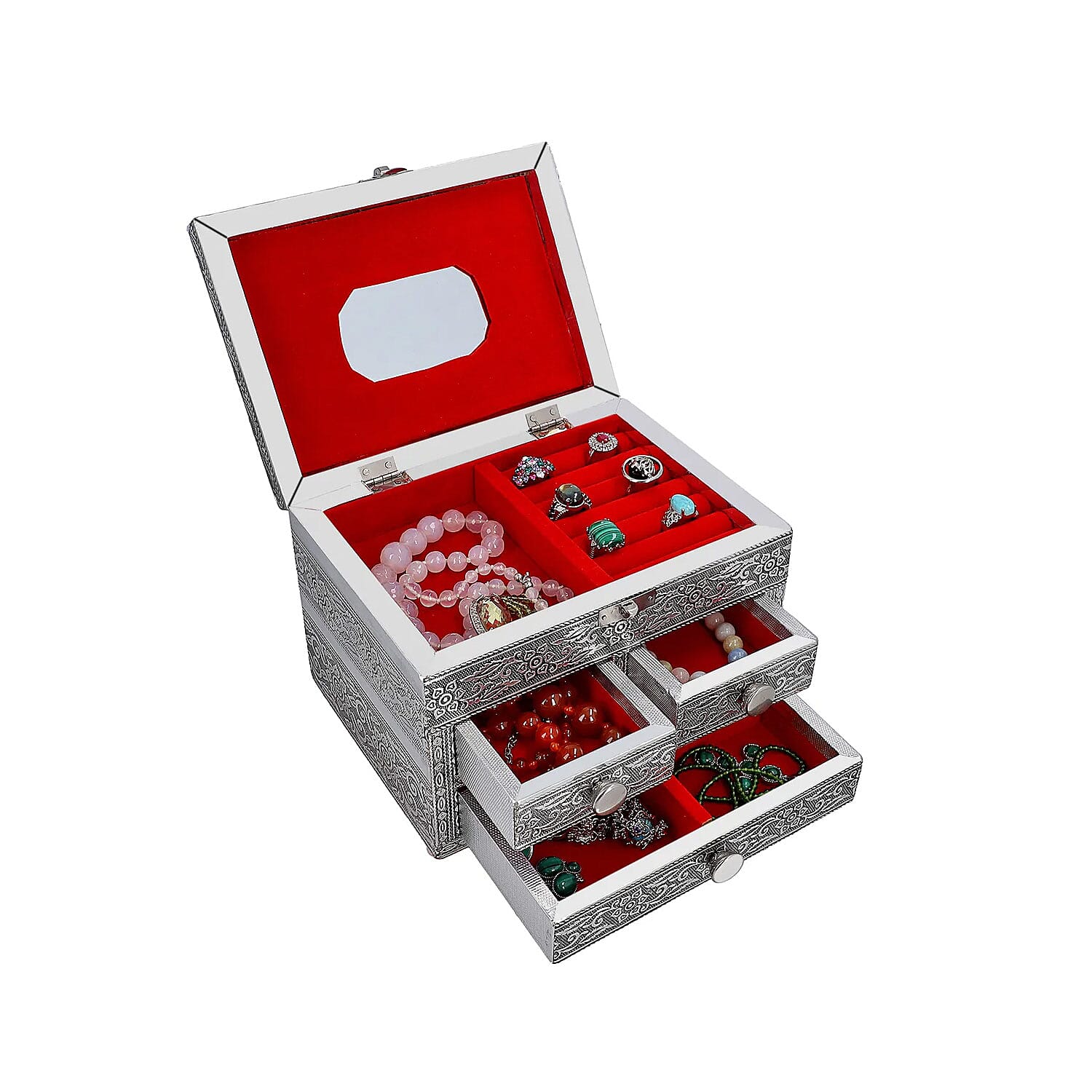 Oxidized Aluminum Elephant Embossed Grand 3 Drawer Jewelry Box, Jewelry Storage Box for Women, Travel Jewelry Case, Jewelry Organizer