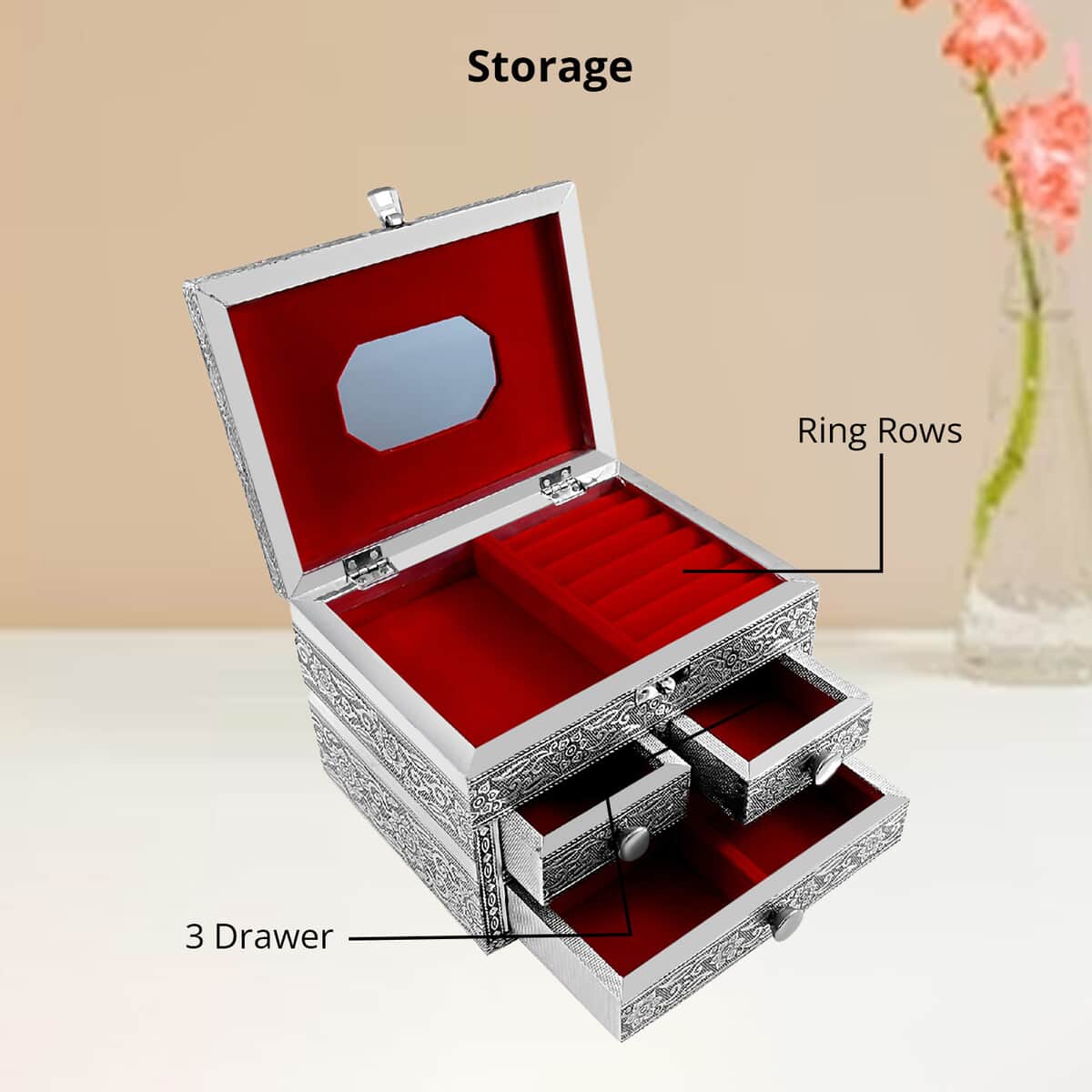 Oxidized Aluminum Horse Embossed Grand 3 Drawer Jewelry Box, Jewelry Storage Box for Women, Travel Jewelry Case, Jewelry Organizer image number 3
