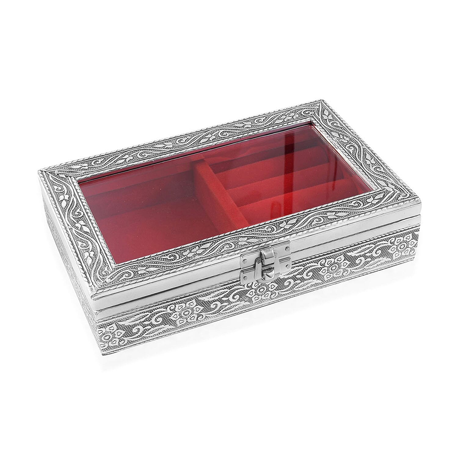 Handcrafted Aluminum Oxidized Jewelry Box with Red Scratch Protection Interior (8x5x1.75)