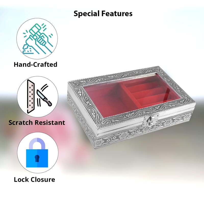 Handcrafted Aluminum Oxidized Jewelry Box with Red Scratch Protection Interior (8x5x1.75)