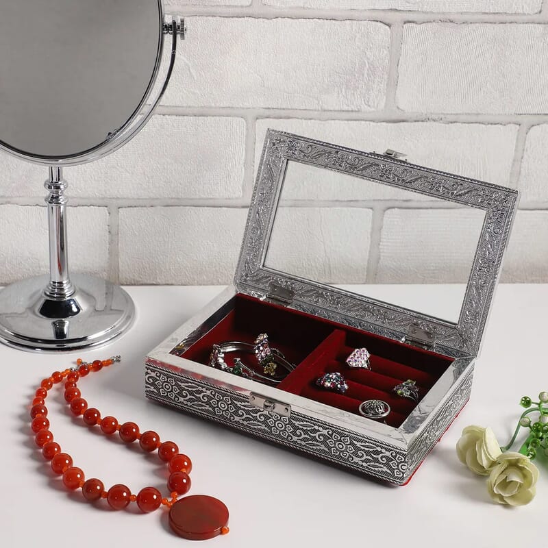 Handcrafted Transparent Aluminum Oxidized Jewelry Box with Burgundy Scratch Protection Interior
