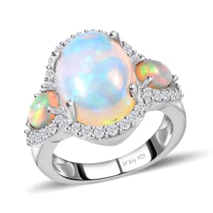 Premium Ethiopian Welo Opal and White Zircon Ring in Platinum Over Sterling Silver, Opal Ring, Natural Zircon Ring, Trilogy Ring 4.50 ctw (Size 10.0)