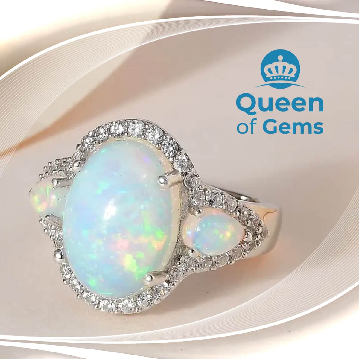Premium Ethiopian Welo Opal and White Zircon 4.50 ctw Ring in Platinum Over Sterling Silver, Opal Ring, Natural Zircon Ring, Trilogy Ring (Size 11.0) image number 1