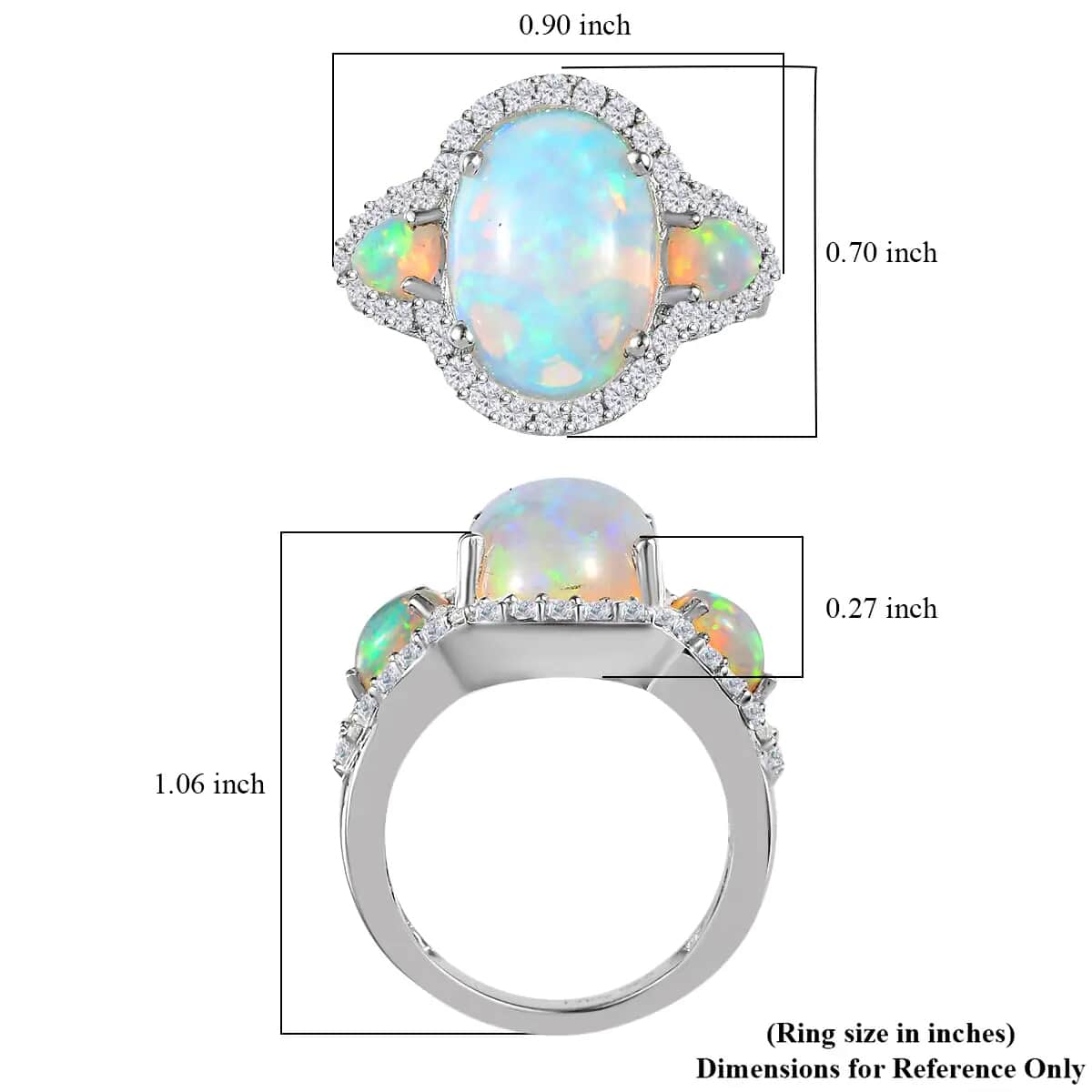 Premium Ethiopian Welo Opal and White Zircon 4.50 ctw Ring in Platinum Over Sterling Silver, Opal Ring, Natural Zircon Ring, Trilogy Ring (Size 11.0) image number 6