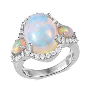 Premium Ethiopian Welo Opal and White Zircon Ring in Platinum Over Sterling Silver, Opal Ring, Natural Zircon Ring, Trilogy Ring 4.50 ctw (Size 6.0)