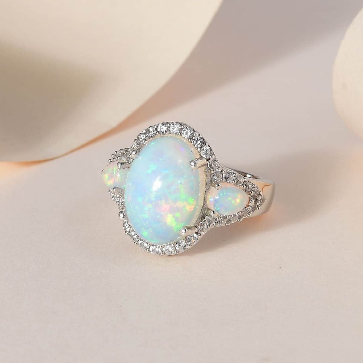 Premium Ethiopian Welo Opal and White Zircon 4.50 ctw Ring in Platinum Over Sterling Silver, Opal Ring, Natural Zircon Ring, Trilogy Ring (Size 6.0) image number 1