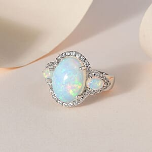 D'Joy Premium Ethiopian Welo Opal and White Zircon 4.50 ctw Ring in Platinum Over Sterling Silver, Opal Ring, Natural Zircon Ring, Trilogy Ring (Size 6.0)