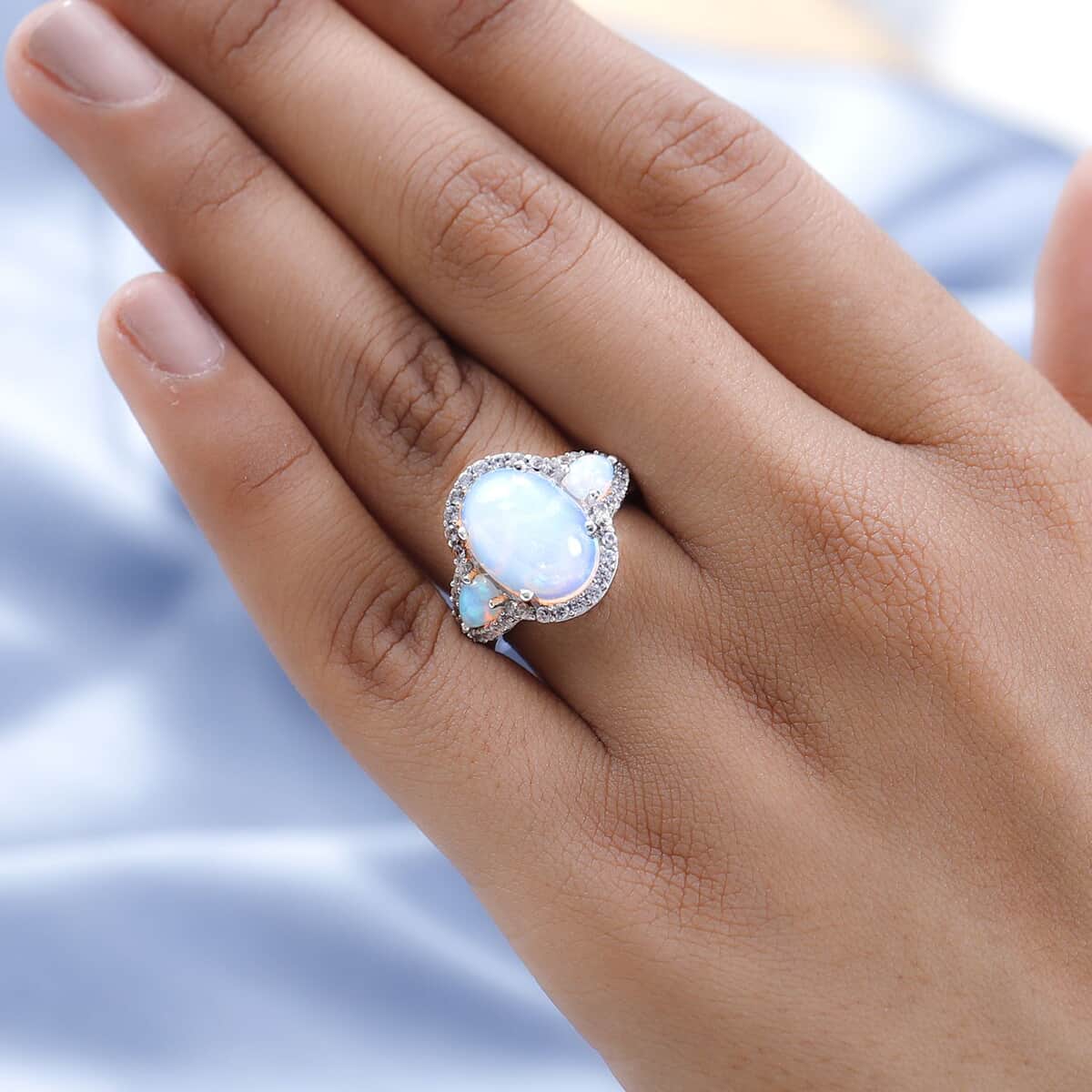 Premium Ethiopian Welo Opal and White Zircon 4.50 ctw Ring in Platinum Over Sterling Silver, Opal Ring, Natural Zircon Ring, Trilogy Ring (Size 6.0) image number 2