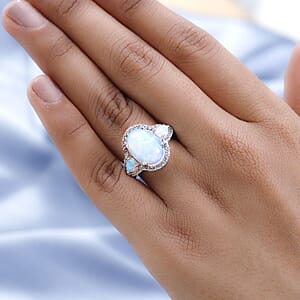 D'Joy Premium Ethiopian Welo Opal and White Zircon 4.50 ctw Ring in Platinum Over Sterling Silver, Opal Ring, Natural Zircon Ring, Trilogy Ring (Size 6.0)