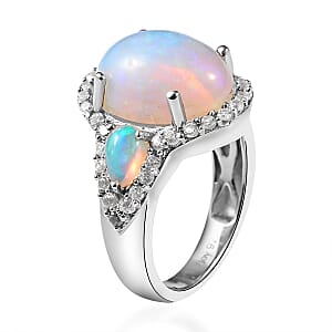 D'Joy Premium Ethiopian Welo Opal and White Zircon 4.50 ctw Ring in Platinum Over Sterling Silver, Opal Ring, Natural Zircon Ring, Trilogy Ring (Size 6.0)