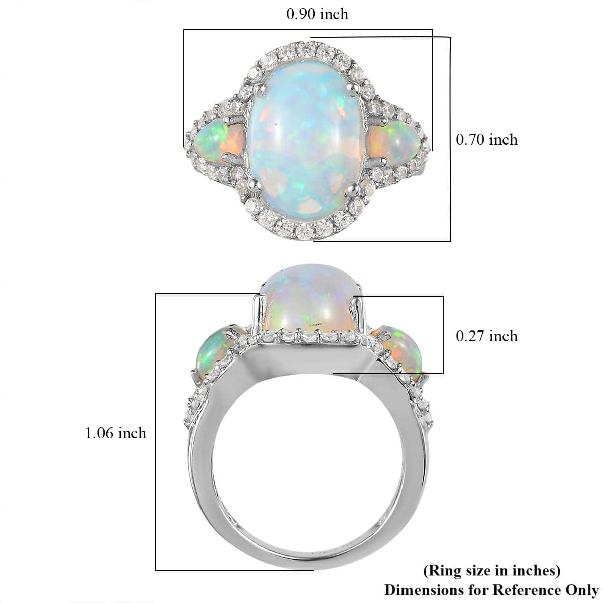 Premium Ethiopian Welo Opal and White Zircon 4.50 ctw Ring in Platinum Over Sterling Silver, Opal Ring, Natural Zircon Ring, Trilogy Ring (Size 6.0) image number 5