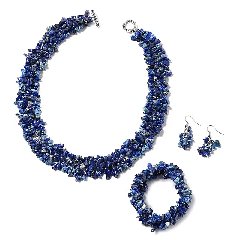 Lapis Lazuli 927.60 ctw Chips Stretch Bracelet, Earrings and Necklace in Black Oxidized Stainless Steel 18.00 Inches (18.00 In)