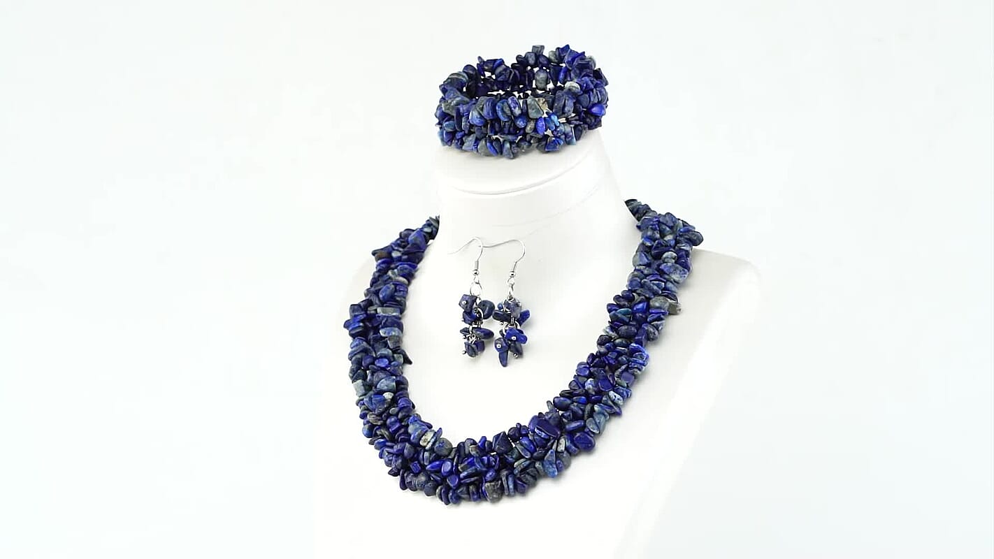 Lapis Lazuli Chips Stretch Bracelet and Earrings and Necklace in Black Oxidized Stainless Steel (18.00 In) 927.60 ctw