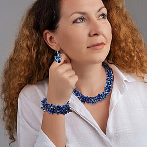Set of Lapis Lazuli 927.60 ctw Chips Stretch Bracelet, Earrings and Necklace in Black Oxidized Stainless Steel 18.00 Inches