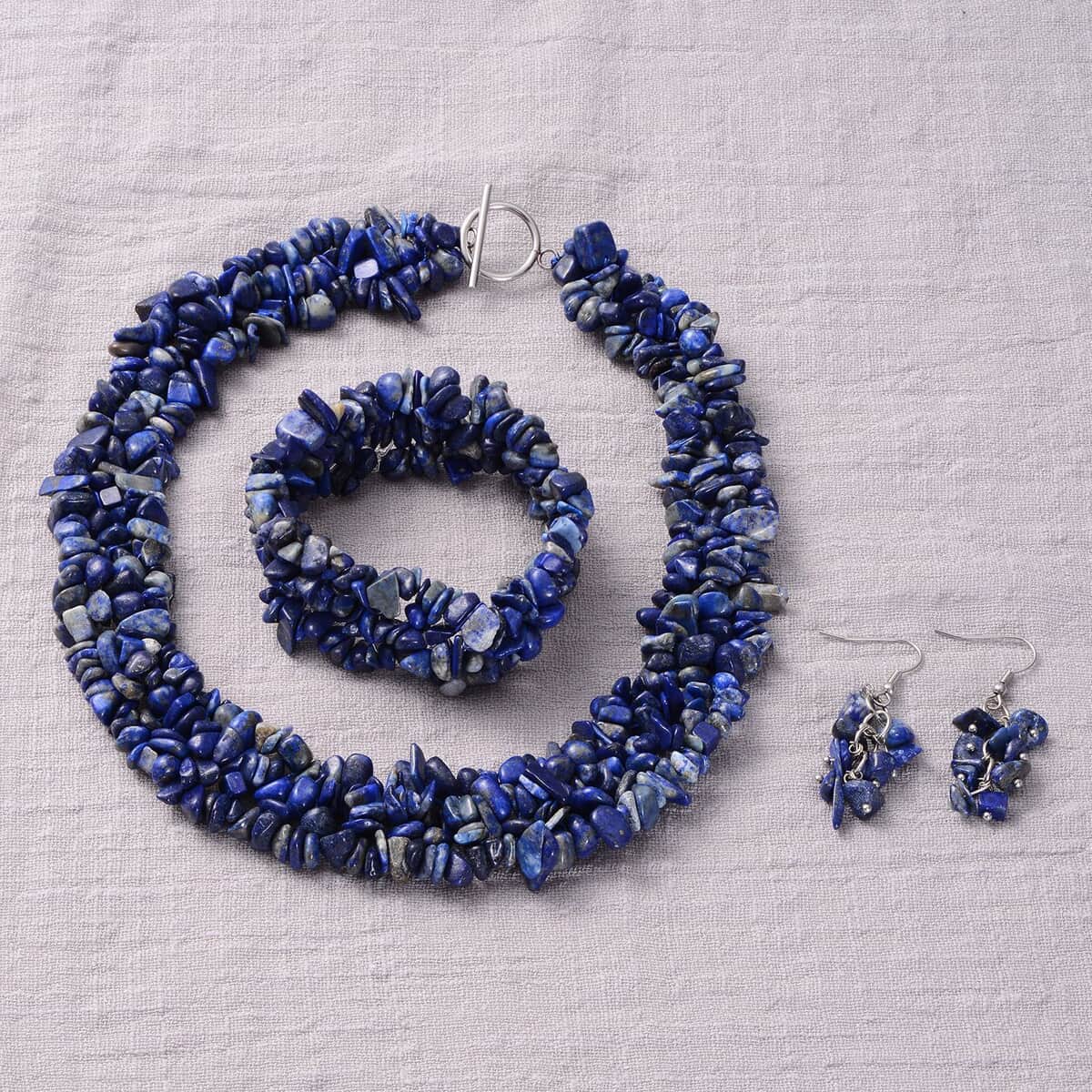 Lapis Lazuli Chips Stretch Bracelet and Earrings and Necklace in Black Oxidized Stainless Steel (18.00 In) 927.60 ctw image number 1
