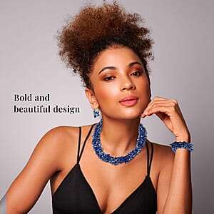 Set of Lapis Lazuli 927.60 ctw Chips Stretch Bracelet, Earrings and Necklace in Black Oxidized Stainless Steel 18.00 Inches