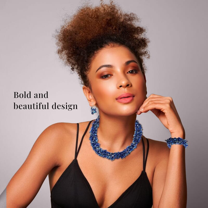 Lapis Lazuli 927.60 ctw Chips Stretch Bracelet, Earrings and Necklace in Black Oxidized Stainless Steel 18.00 Inches (18.00 In)