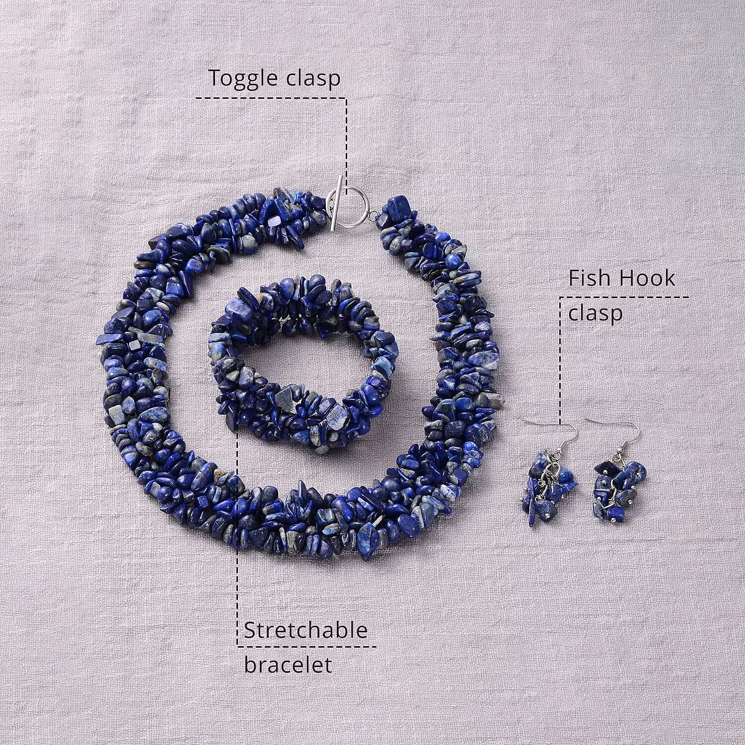 Lapis Lazuli 927.60 ctw Chips Stretch Bracelet, Earrings and Necklace in Black Oxidized Stainless Steel 18.00 Inches (18.00 In)