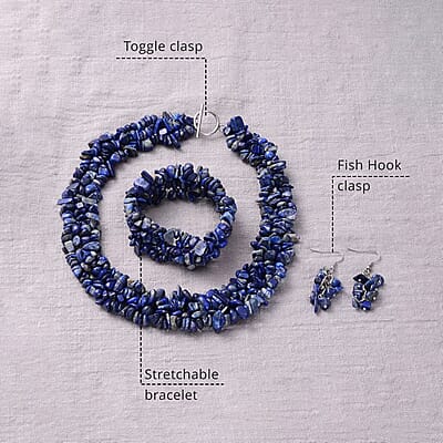 Lapis Lazuli 927.60 ctw Chips Stretch Bracelet, Earrings and Necklace in Black Oxidized Stainless Steel 18.00 Inches (18.00 In)