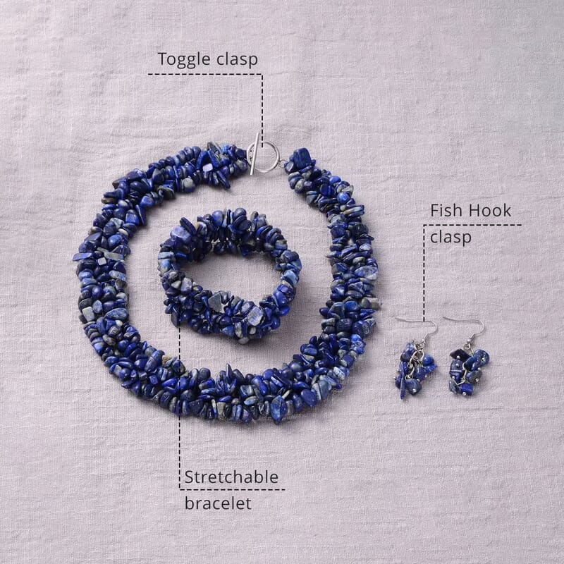 Lapis Lazuli 927.60 ctw Chips Stretch Bracelet, Earrings and Necklace in Black Oxidized Stainless Steel 18.00 Inches (18.00 In)