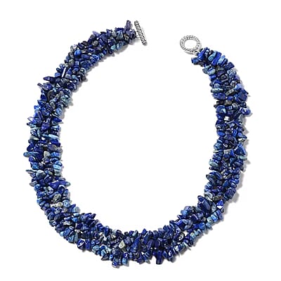 Lapis Lazuli 927.60 ctw Chips Stretch Bracelet, Earrings and Necklace in Black Oxidized Stainless Steel 18.00 Inches (18.00 In)