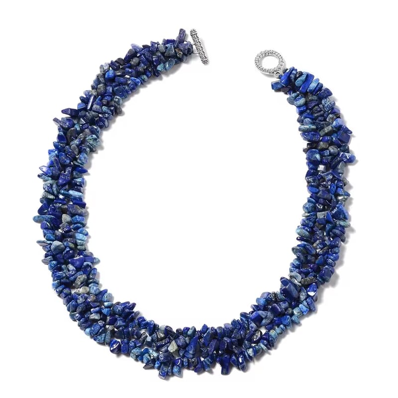 Lapis Lazuli 927.60 ctw Chips Stretch Bracelet, Earrings and Necklace in Black Oxidized Stainless Steel 18.00 Inches (18.00 In)