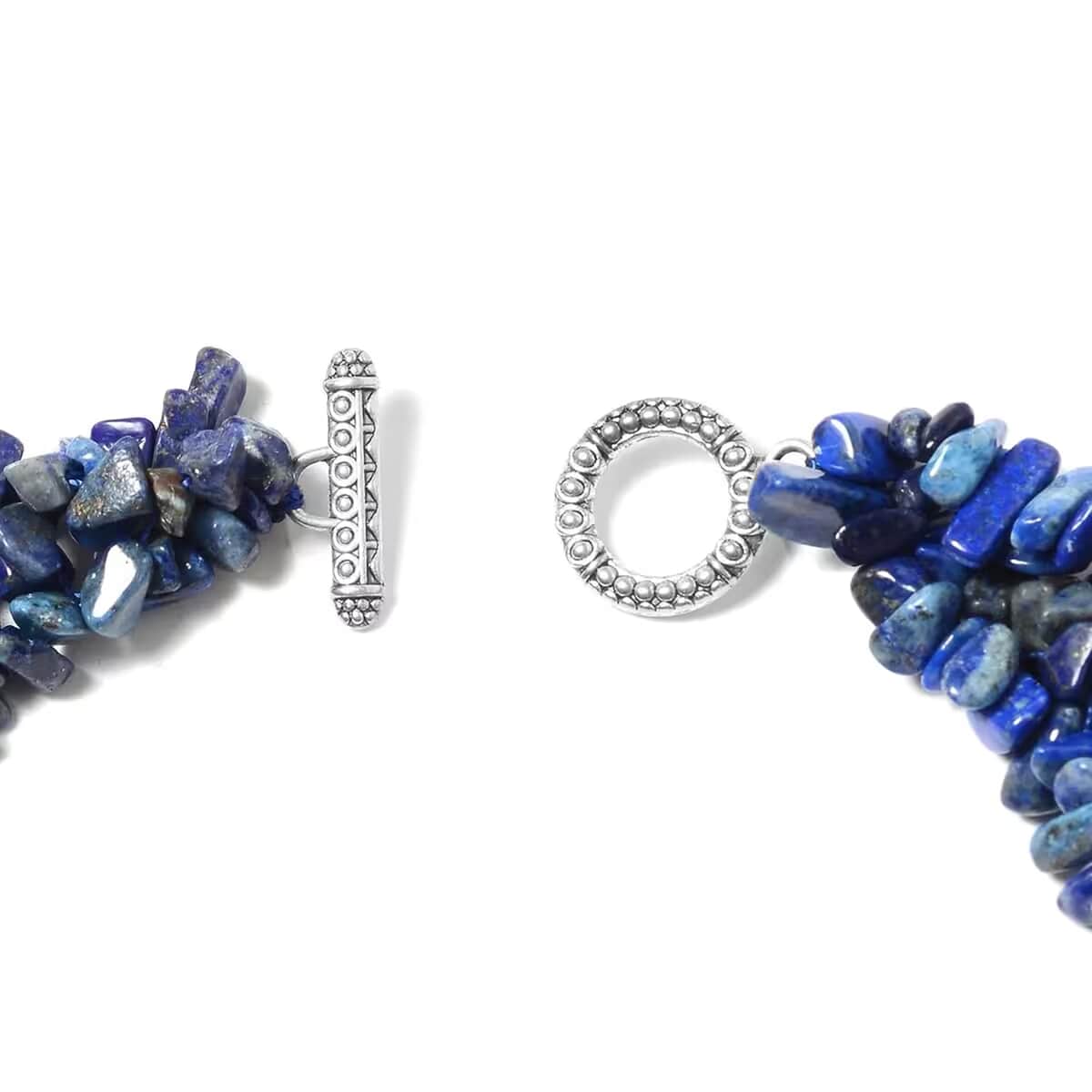 Set of Lapis Lazuli 927.60 ctw Chips Stretch Bracelet, Earrings and Necklace in Black Oxidized Stainless Steel 18.00 Inches image number 7