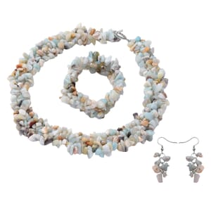 Multi Amazonite Chips Stretch Bracelet Dangle Earrings Toggle Clasp Necklace in Black Oxidized Stainless Steel  927.85 ctw
