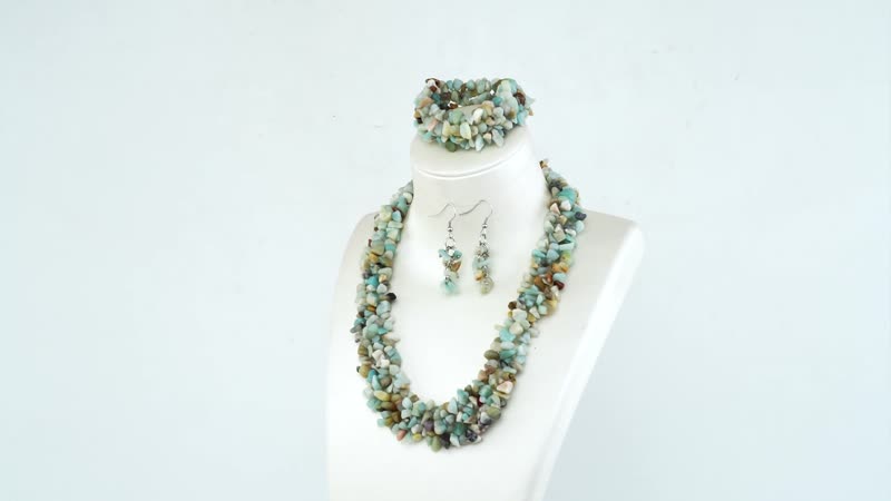 927.85 ctw Russian Amazonite Chips Stretch Bracelet and Earrings and Toggle Clasp Necklace in Black Oxidized Stainless Steel (18.00 In)