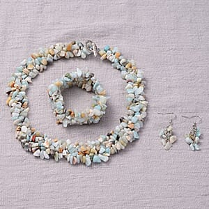 Multi Amazonite Chips Stretch Bracelet Dangle Earrings Toggle Clasp Necklace in Black Oxidized Stainless Steel  927.85 ctw