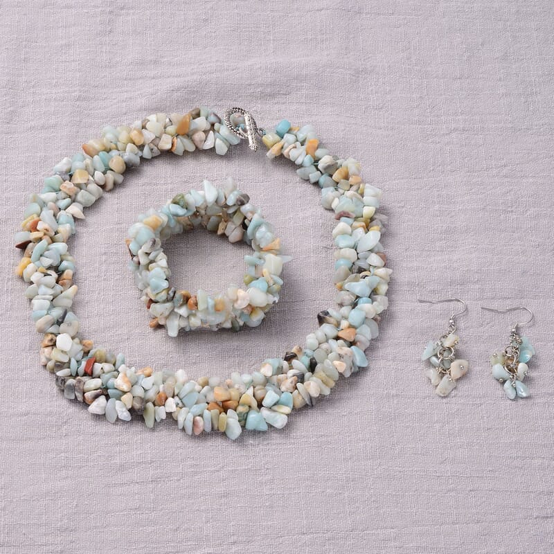Multi Amazonite Chips Stretch Bracelet Dangle Earrings Toggle Clasp Necklace in Black Oxidized Stainless Steel  927.85 ctw