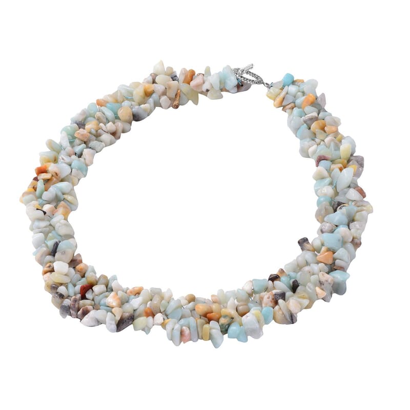 Multi Amazonite Chips Stretch Bracelet Dangle Earrings Toggle Clasp Necklace in Black Oxidized Stainless Steel  927.85 ctw