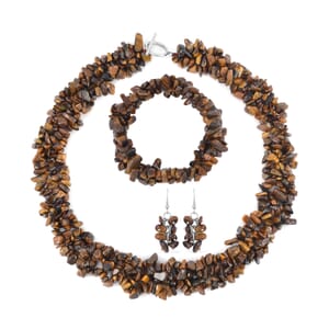 Yellow Tiger's Eye Chips Stretch Bracelet and Earrings and Toggle Clasp Necklace (18.00 In) in Black Oxidized Stainless Steel 928.15 ctw